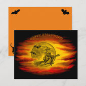 Carte Sorcière volante avec chat noir, nuit halloween (Devant / Derrière)