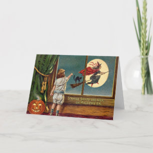 Carte Sorcière volante Chat noir Ful Moon Citrouille