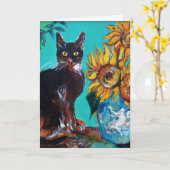 CARTE SOUCHES AVEC CHAT NOIR EN TURQUOISE BLEUE (Fleur jaune)