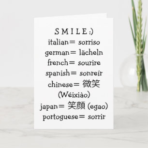 CARTE SOURIRE DANS DE NOMBREUSES LANGUES-ÊTRE HEUREUX À 