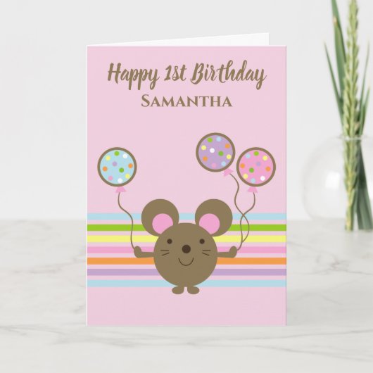Carte Souris à bulle rose joyeux 1er anniversaire (Devant)