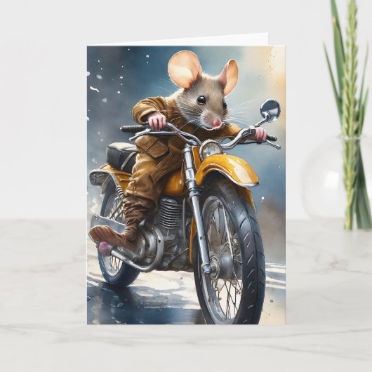 Carte Souris adorable chevauchant une moto  (Devant)