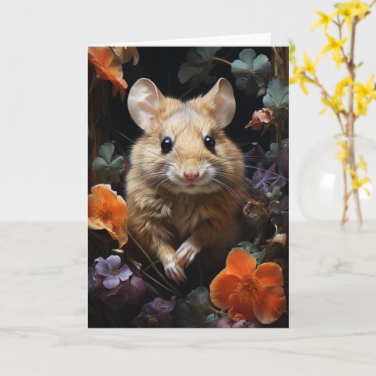 Carte Souris adorable dans les fleurs Toutes les occasio (Fleur jaune)