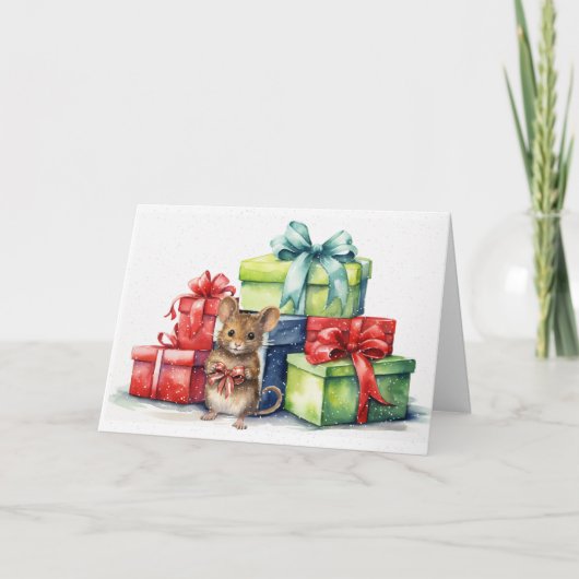 Carte Souris Aquarelle Avec Cadeaux De Noël (Devant)