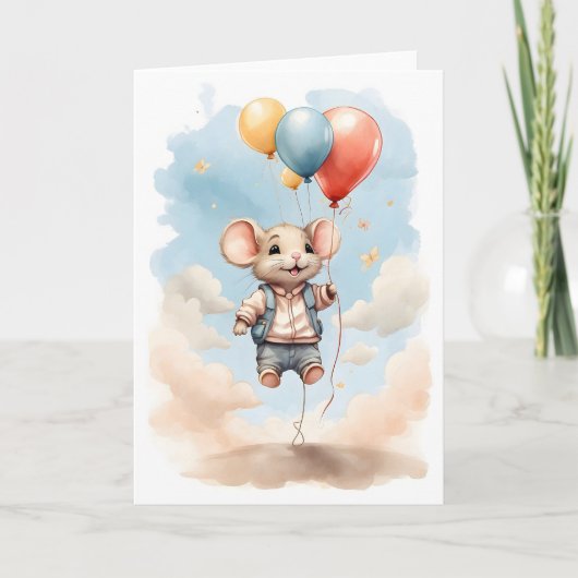 Carte Souris aquarelle mignonne flottant avec des ballon (Devant)