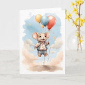 Carte Souris aquarelle mignonne flottant avec des ballon (Fleur jaune)