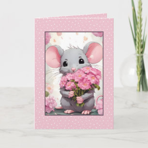 Carte Souris Avec Fleurs Roses Sur Pois