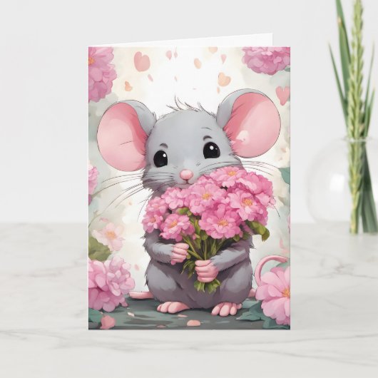Carte Souris D'Anniversaire Aux Fleurs Roses (Devant)