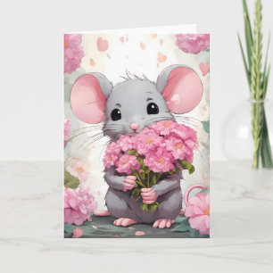 Carte Souris D'Anniversaire Aux Fleurs Roses