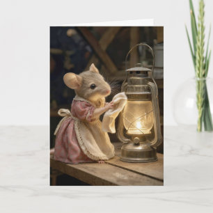 Carte Souris d'anniversaire dépoussiérant une vieille la
