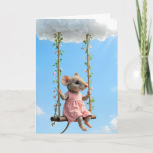 Carte Souris d'anniversaire en robe rose sur une balanço