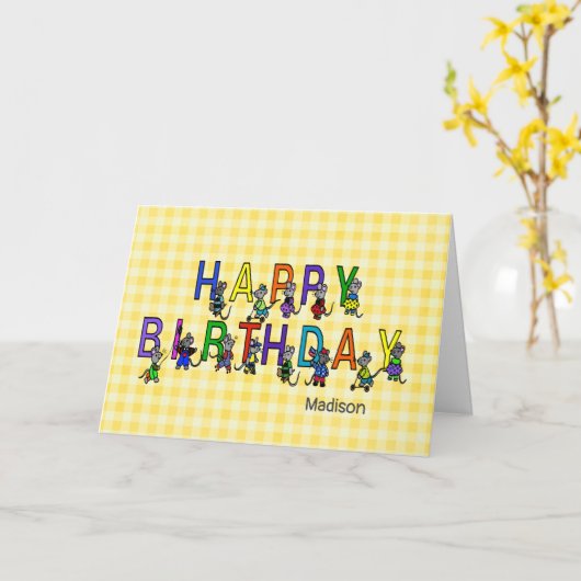 Carte souris d'anniversaire grise sur en vichy jaune (Fleur jaune)