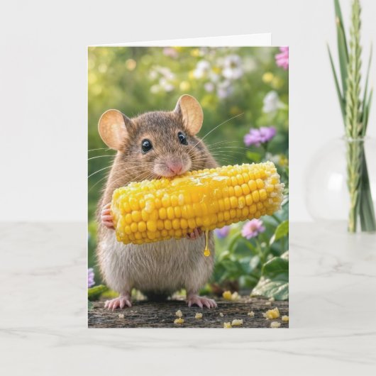Carte Souris d'anniversaire mangeant du maïs en épi (Devant)