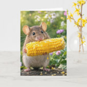 Carte Souris d'anniversaire mangeant du maïs en épi (Fleur jaune)