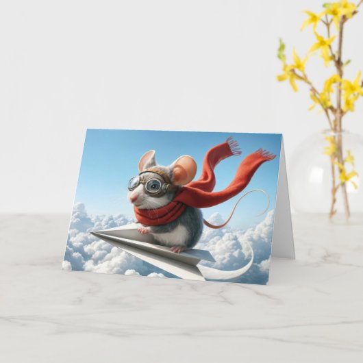 Carte Souris d'anniversaire pilotant un avion en papier (Fleur jaune)