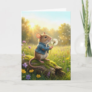 Carte Souris d'anniversaire soufflant sur des pousses de