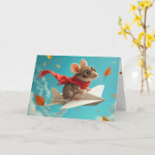 Carte Souris d'anniversaire volant un avion en papier (Fleur jaune)