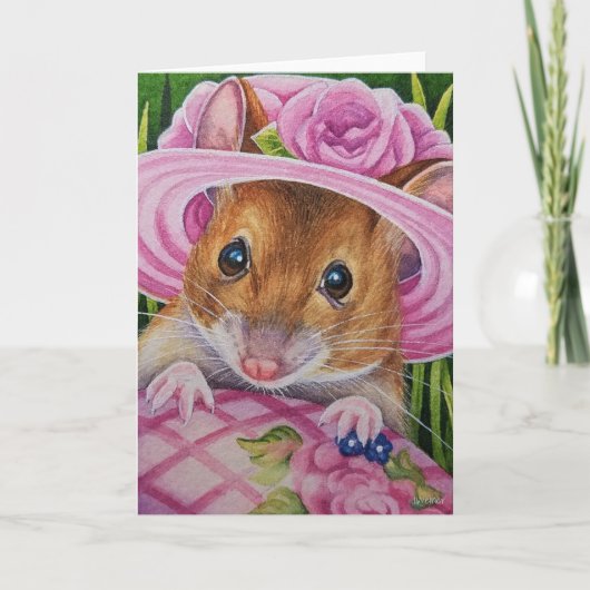 Carte Souris dans Bonnet Trouvé Oeuf rose Aquarelle Art (Devant)