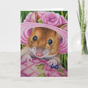 Carte Souris dans Bonnet Trouvé Oeuf rose Aquarelle Art