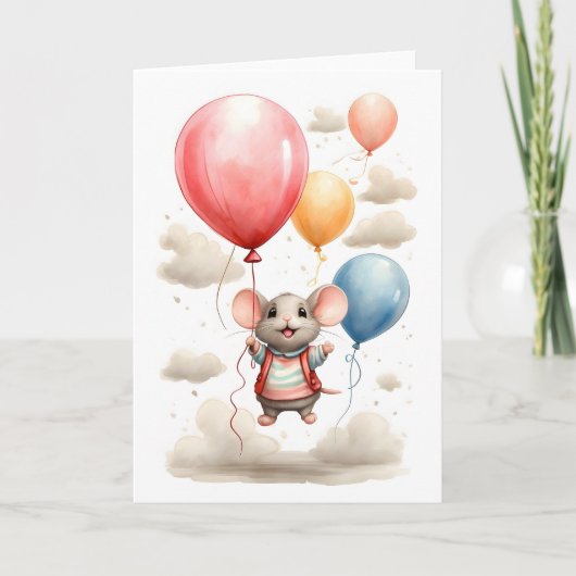 Carte Souris d'aquarelle mignonne flottante avec ballons (Devant)