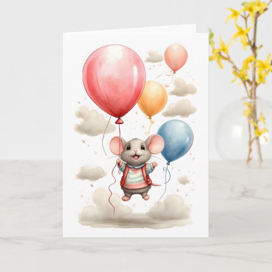 Carte Souris d'aquarelle mignonne flottante avec ballons (Fleur jaune)