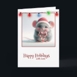 Carte Souris de Noël avec coeur Sucre de canne<br><div class="desc">Une souris adorable et moelleuse portant un chapeau de Père Noël tient deux sucres de canne en forme de coeur sur un texte arrière - plan neutre peut être changée.</div>