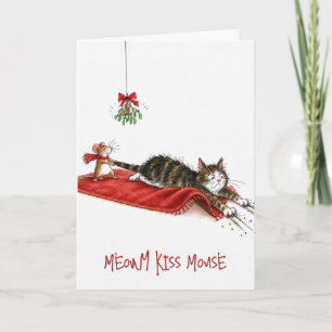 Carte Souris de Noël traînant un chat sous un gui
