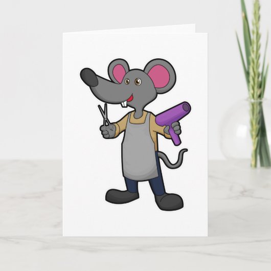 Carte Souris en coiffeur avec ciseaux et sèche-cheveux (Devant)