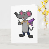 Carte Souris en coiffeur avec ciseaux et sèche-cheveux (Fleur jaune)