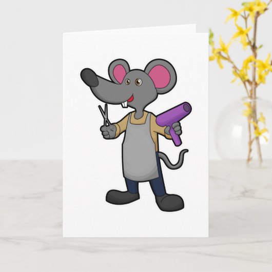 Carte Souris en coiffeur avec ciseaux et sèche-cheveux (Fleur jaune)