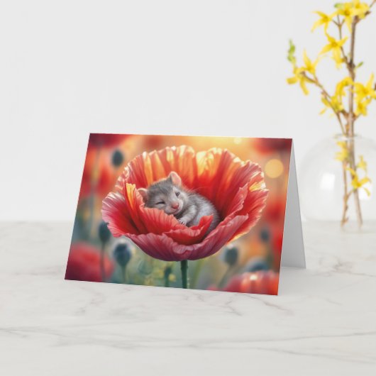 Carte Souris mignonne d'anniversaire dormant dans un coq (Fleur jaune)
