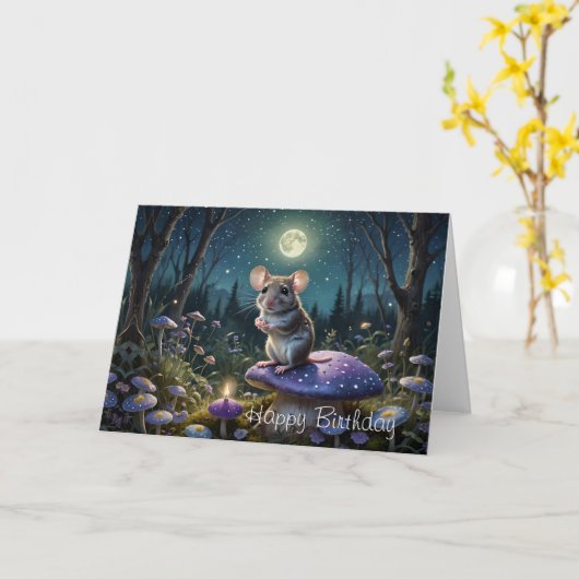 Carte Souris mignonne sur champignon au clair de lune An (Fleur jaune)