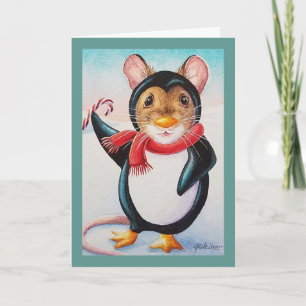 Carte Souris pingouin au pôle Nord fantaisiste, art aqua