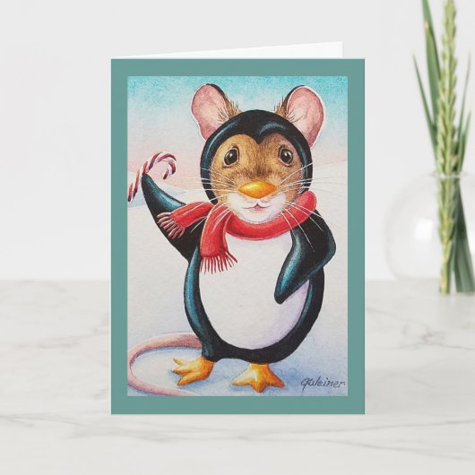 Carte Souris pingouin du pôle Nord fantaisiste, art aqua (Devant)
