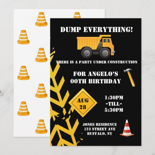 Carte Sous Construction Camion Camion fête d'anniversair (Devant / Derrière)