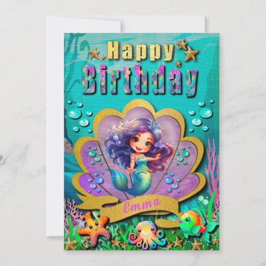 Carte Sous la mer et sirène fête d'anniversaire fille (Devant)