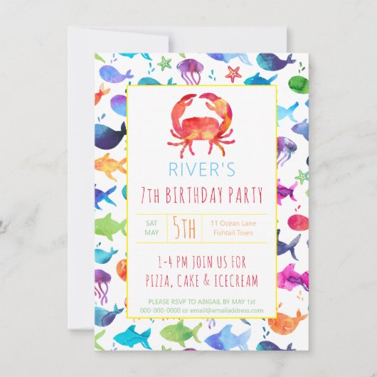 Carte Sous la mer Rainbow Fish Birthday Party Crab (Devant)