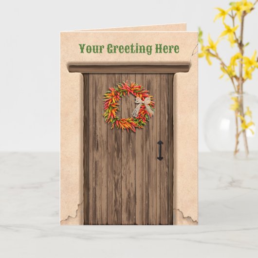 Carte Southwest Chile Ristra Wreath on Rustic Wood Door (Fleur jaune)
