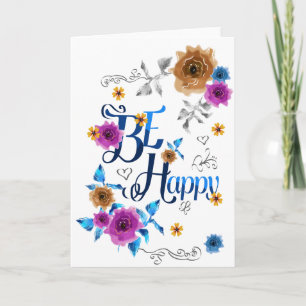 Carte Soyez heureux Quote Positive Bleu Purple Or Fleurs