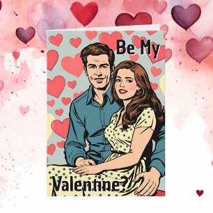 Carte Soyez mon Valentin ? Couple d'art pop rétro mignon