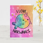 Carte Sparkle arc-en-ciel I Love Narwhals (Fleur jaune)
