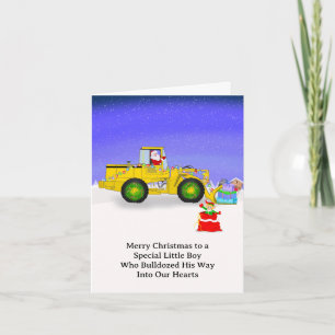 Carte Spécial Noël Garçon Santa en Bulldozer