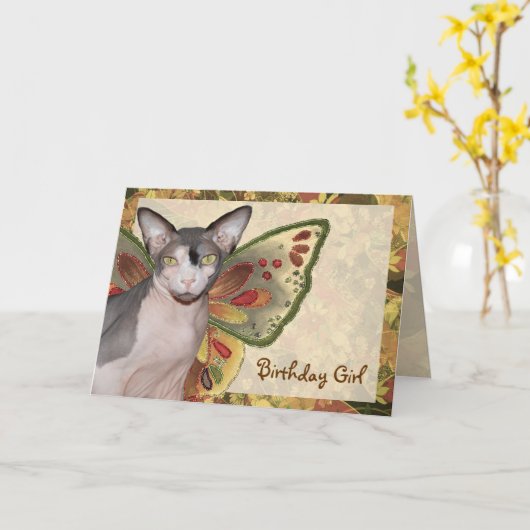 Carte Sphynx Anniversaire Fée Chat Fée (Fleur jaune)