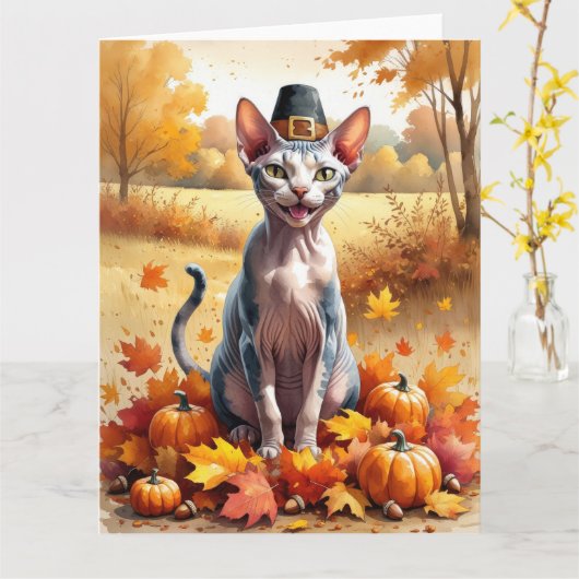 Carte Sphynx Chat À L'Automne Quitte L'Art Thanksgiving (Fleur jaune)
