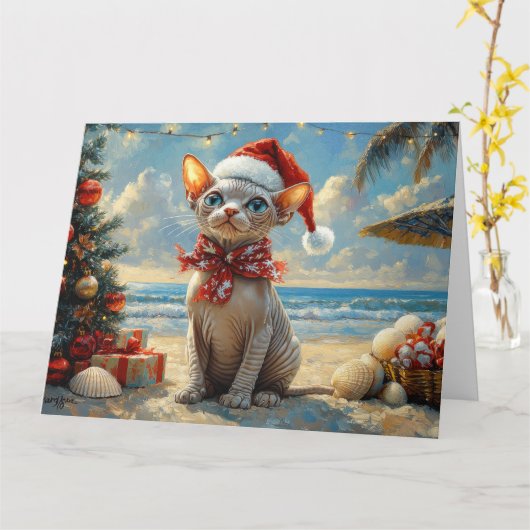 Carte Sphynx Chat Noël Plage Vintage (Fleur jaune)