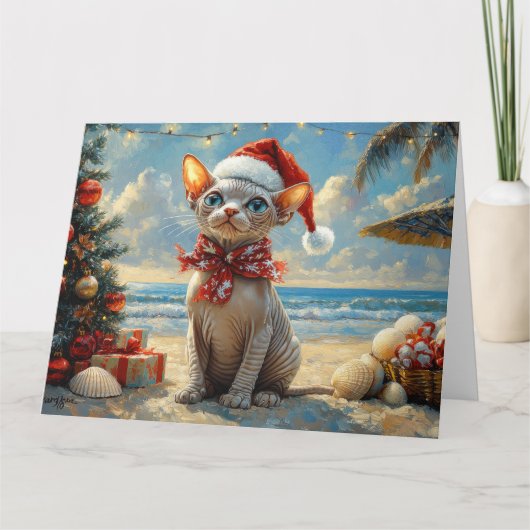Carte Sphynx Chat Noël Plage Vintage (Devant)