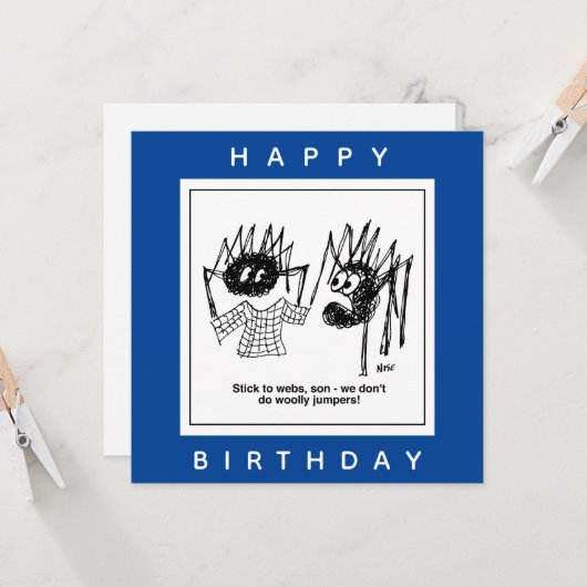 Carte Spider dit "Stick to Webs" Caricature. Concepteur  (Devant/Arrière en situation)