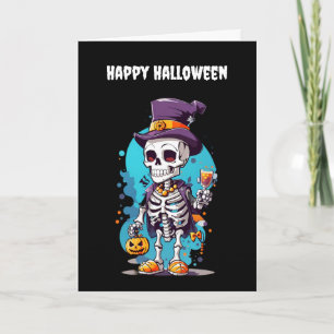 Carte Squelette cool dans un Halloween de chapeau haut d