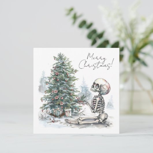 Carte Squelette de Noël mignon avec sapin de Noël (Debout devant)