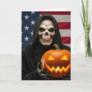 Carte Squelette d'Halloween avec citrouille sculpté
